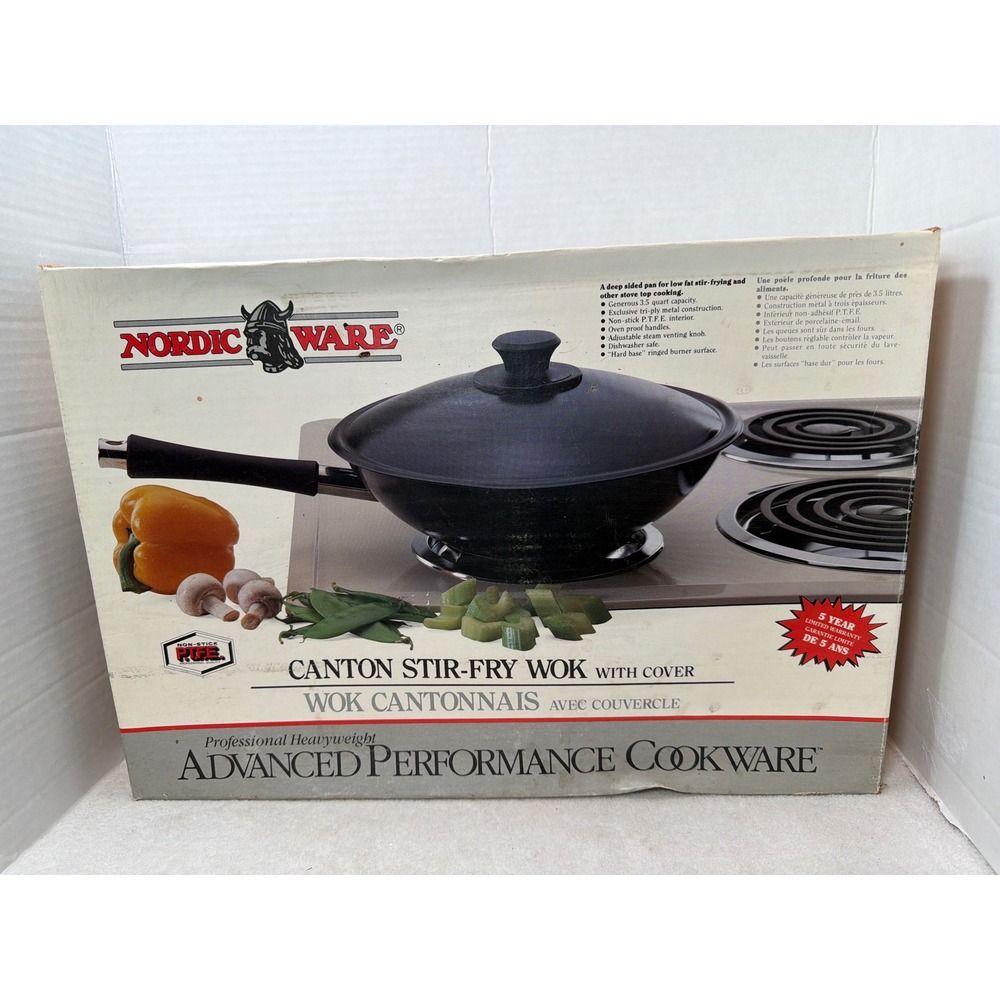 VTG NIB Nordic Ware Canton Stir Fry Wok  w Cover 3.5qt PTFE Advanced Performance